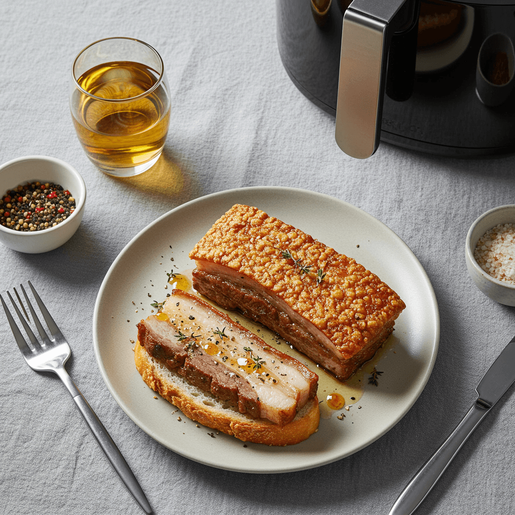 Crispy air fried pork belly pieces on a plate