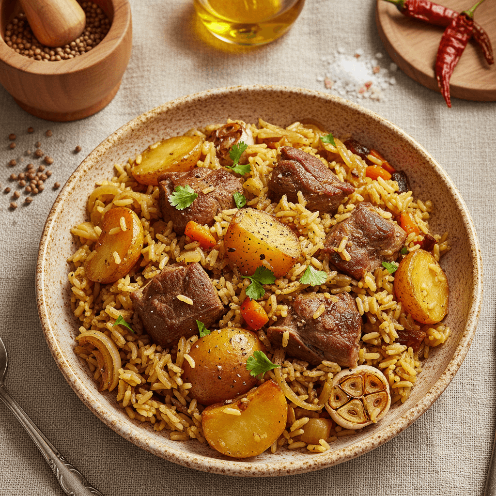 Dideliame dubenyje patiektas garuojantis avienos plovas su biriais ryžiais, minkšta aviena, apkeptomis bulvėmis, morkomis ir svogūnais, papuoštas žalumynais.