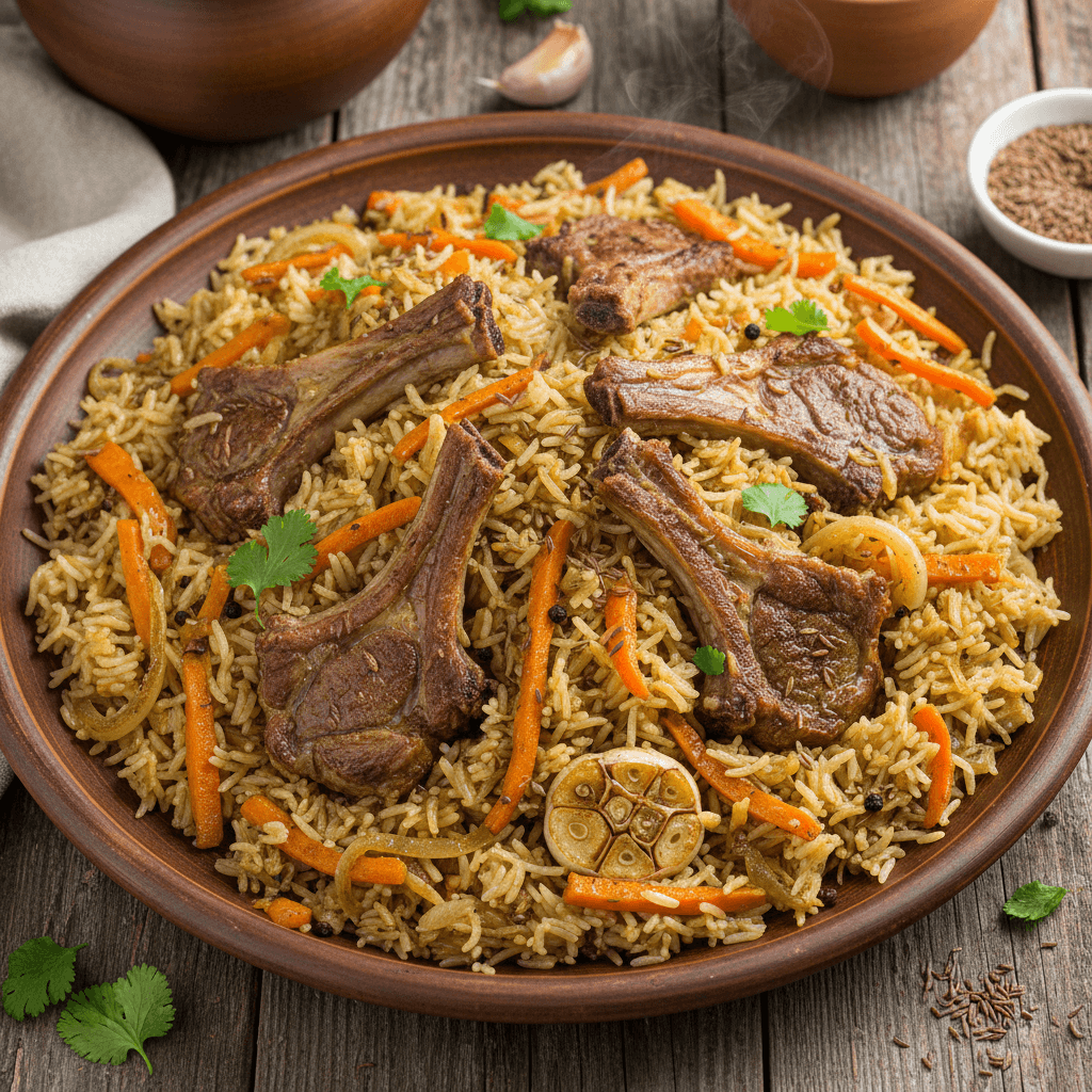 Sotus avienos šonkaulių plovas su ryžiais, morkomis ir česnako galvomis, patiektas plačioje lėkštėje.