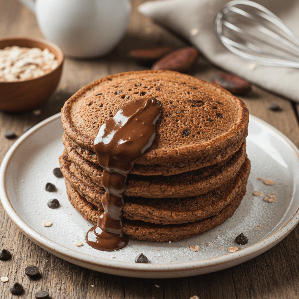 Purūs kakaviniai avižinių miltų blyneliai, aptepti tirštu šokoladiniu kremu ir paruošti valgyti.