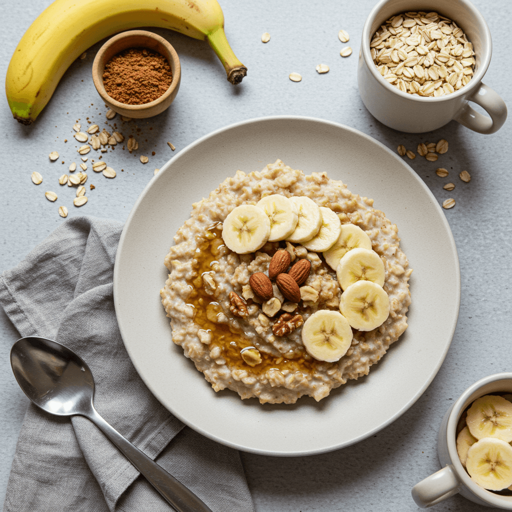 Stambiu planu avižų košės dubuo su bananais ir smulkintais riešutais.