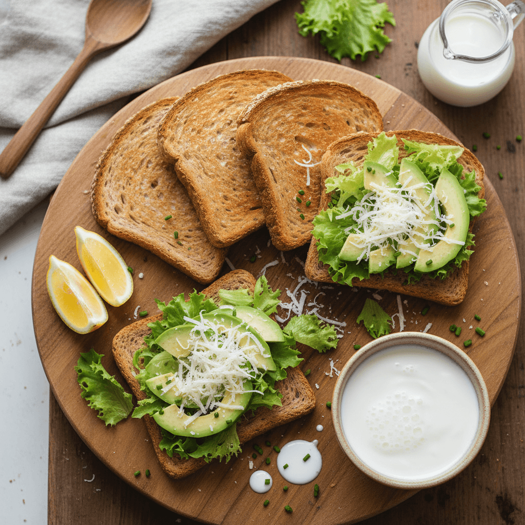Du sumuštiniai su avokadu, sūriu ir žaliomis salotomis, patiekti su stikline rūgpienio ir citrinos griežinėliu.