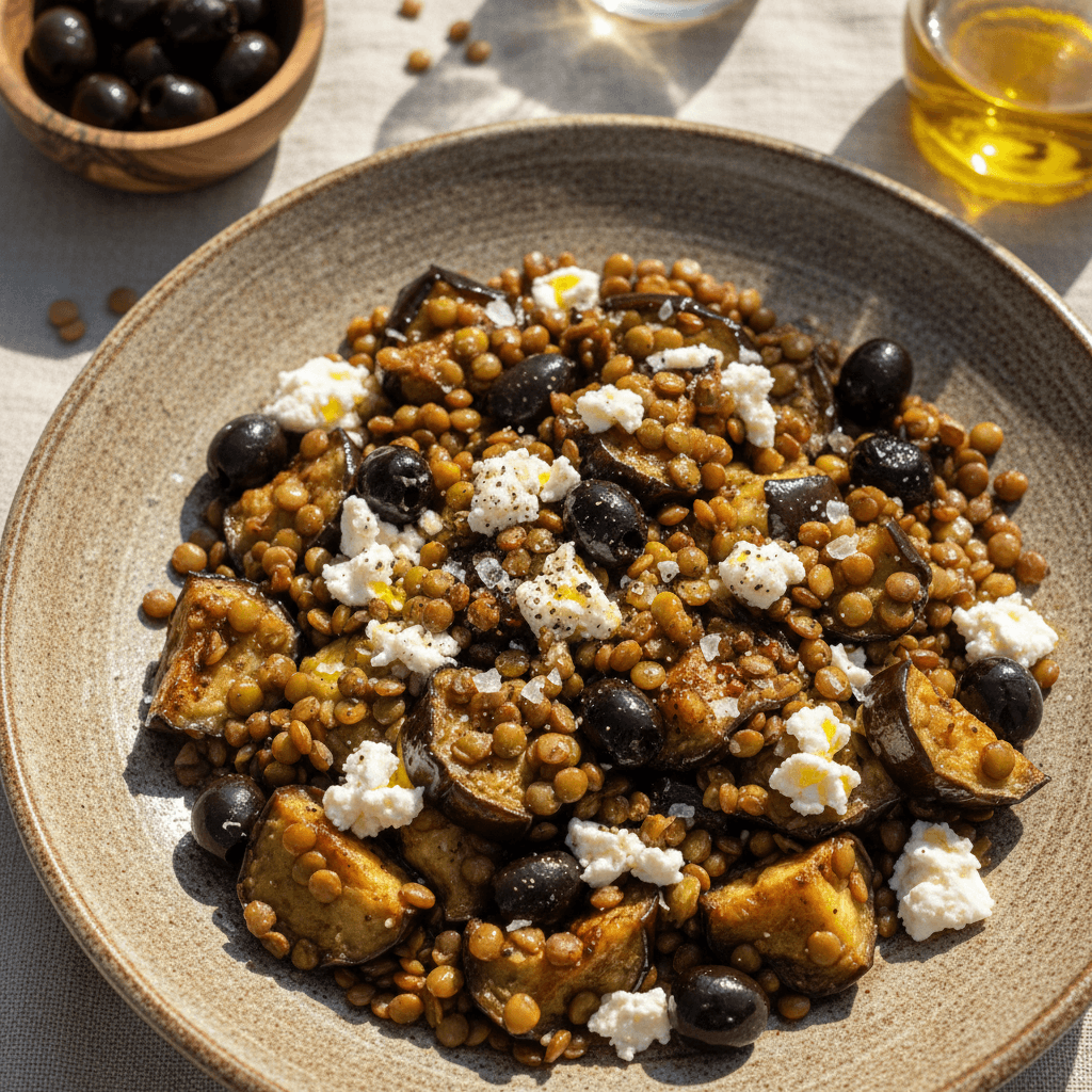 Spalvingos baklažanų ir lęšių salotos su ožkos sūriu, patiektos lėkštėje.