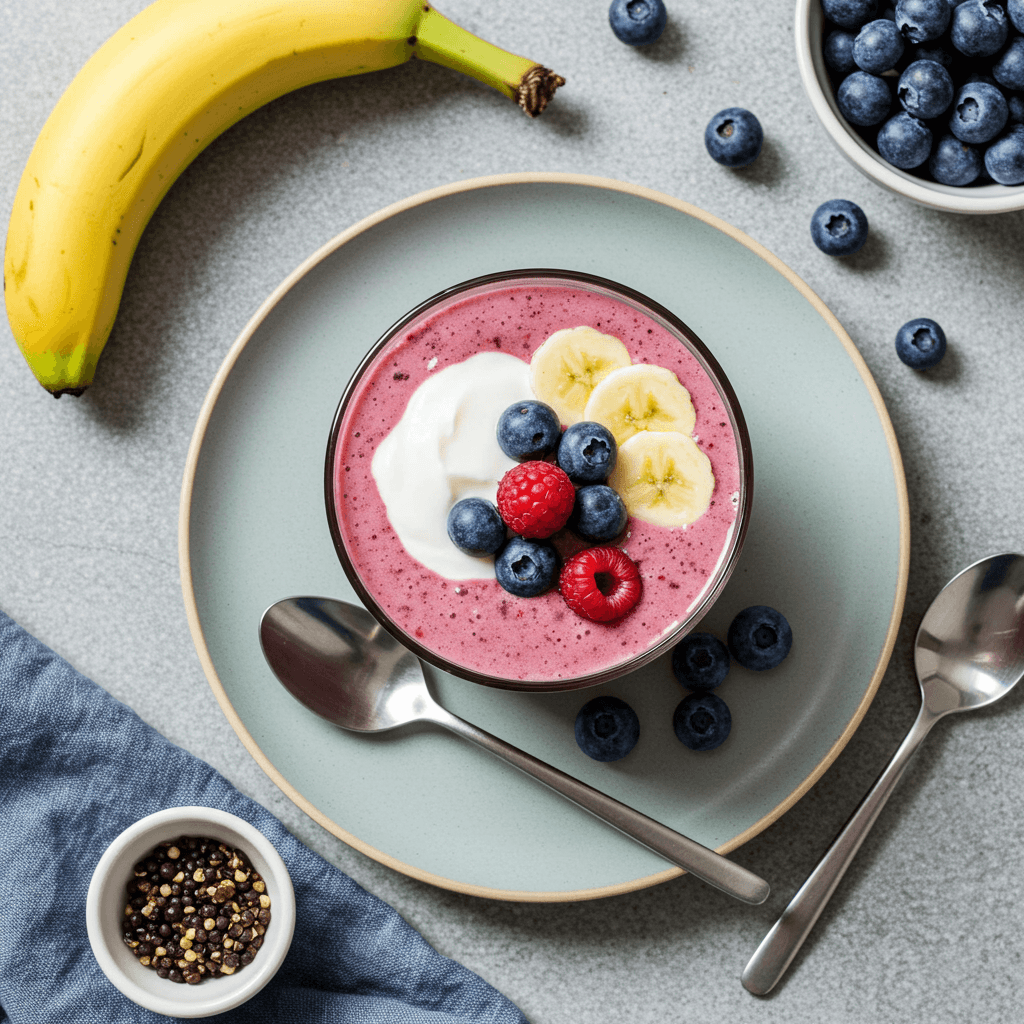 Stiklinė su rožiniu bananų ir uogų jogurto kokteiliu