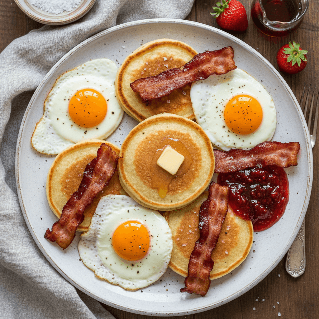 Blyneliai su traškia šonine, keptais kiaušiniais ir braškių džemu lėkštėje.