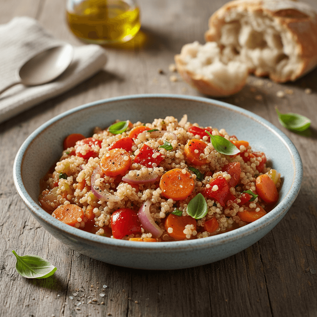 Bolivinės balandos ir daržovių troškinys patiektas dubenyje, papuoštas žolelėmis.