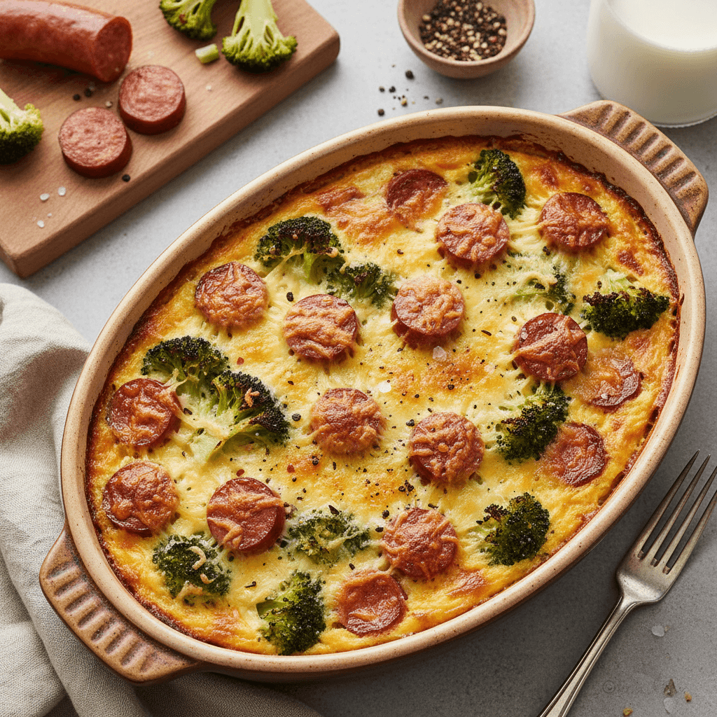 Skanus brokolių ir dešrelių apkepas su sūriu, supjaustytas gabalėliais ir paruoštas valgyti.