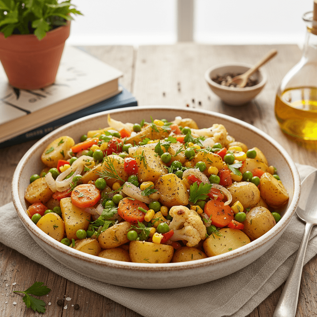 Šiltas, garuojantis bulvių ir daržovių troškinys, papuoštas žalumynais, patiektas lėkštėje.