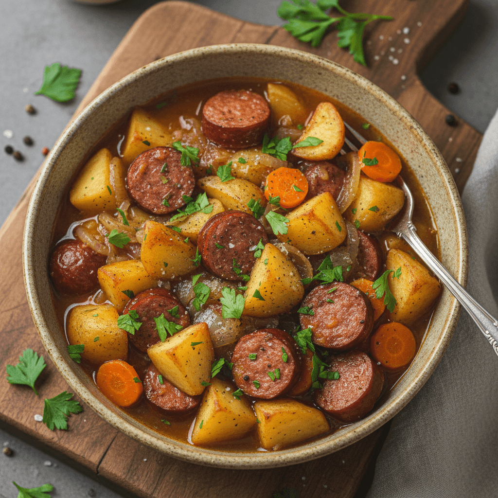 Sotus bulvių ir dešros troškinys, patiekiamas gilioje lėkštėje su šviežiomis petražolėmis.