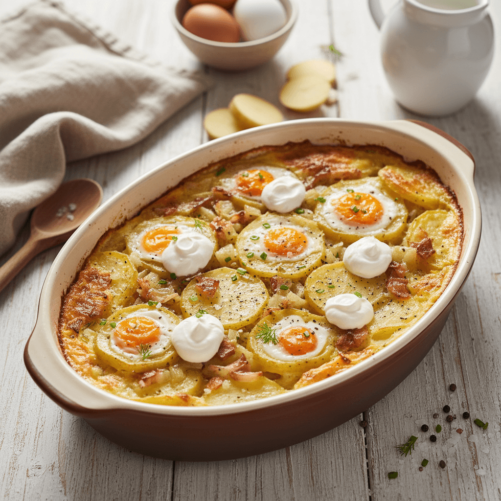 Bulvių ir kiaušinių apkepas keptuvėje, su auksinės spalvos viršumi ir smulkintais svogūnais.