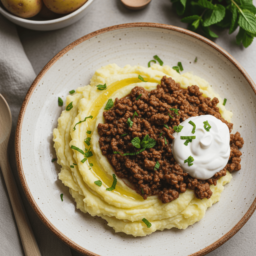 Lėkštė kreminės bulvių košės su sodriu maltos kiaulienos ir grietinės padažu, pabarstyta šviežiomis mėtomis.