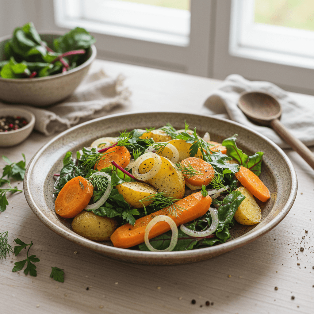 Lėkštė šviežio burokėlių lapų ir daržovių troškinio, apibarstyta žalumynais.