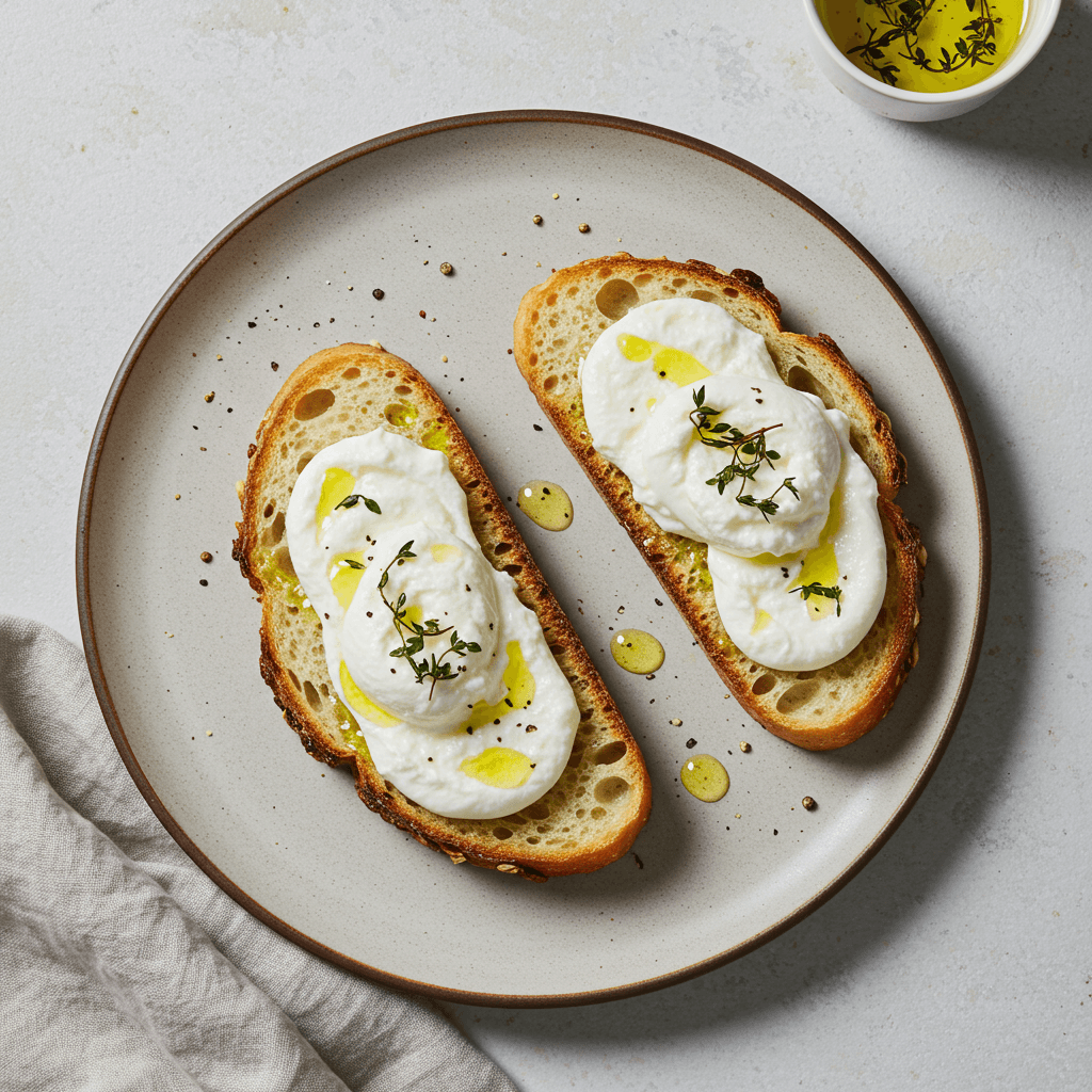 Creamy burrata cheese on toasted bread with olive oil and pepper