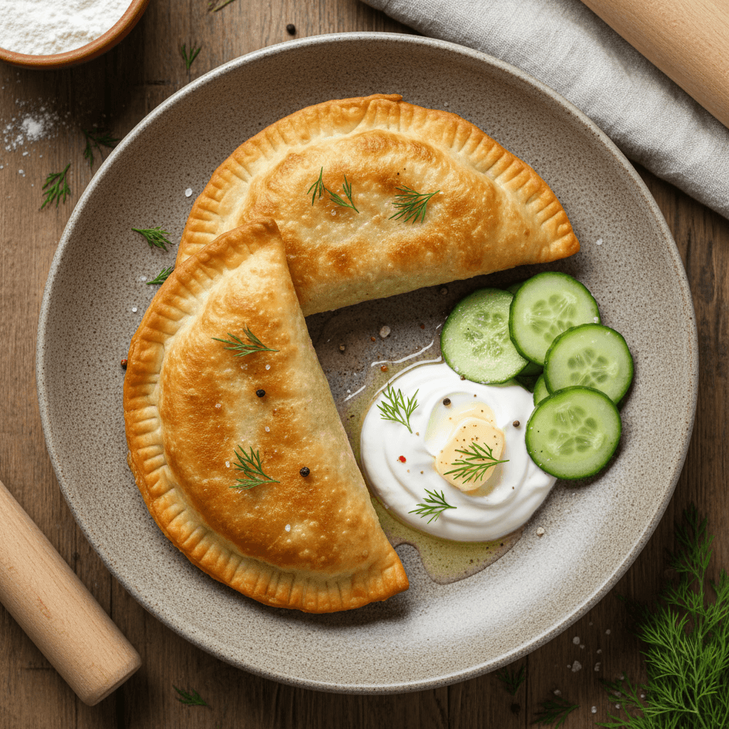 Ant lėkštės patiekti auksinės spalvos kepti čeburekai su šviežių agurkų griežinėliais ir grietine atskirame indelyje.