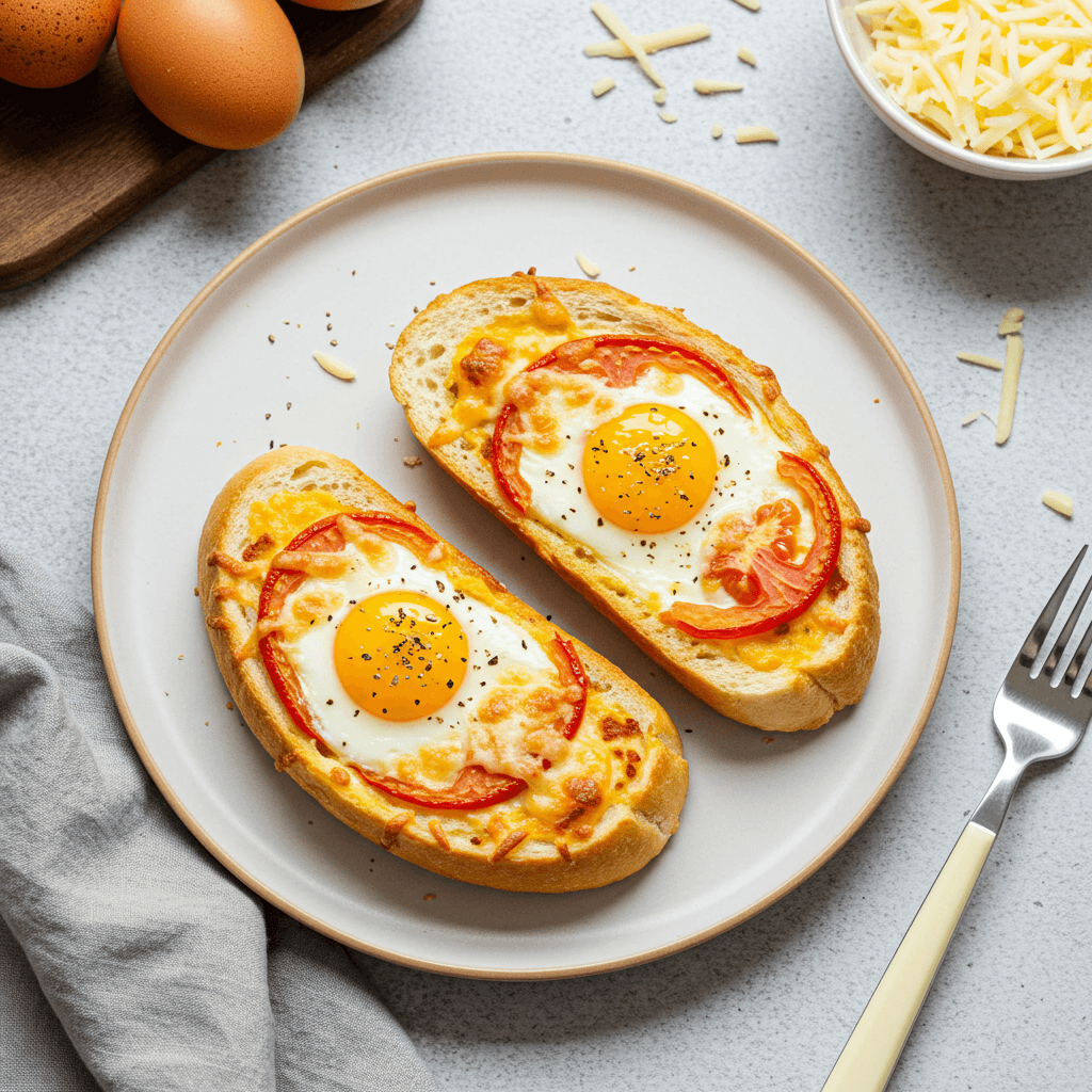 Baked eggs and tomato with melted cheese on sliced baguette