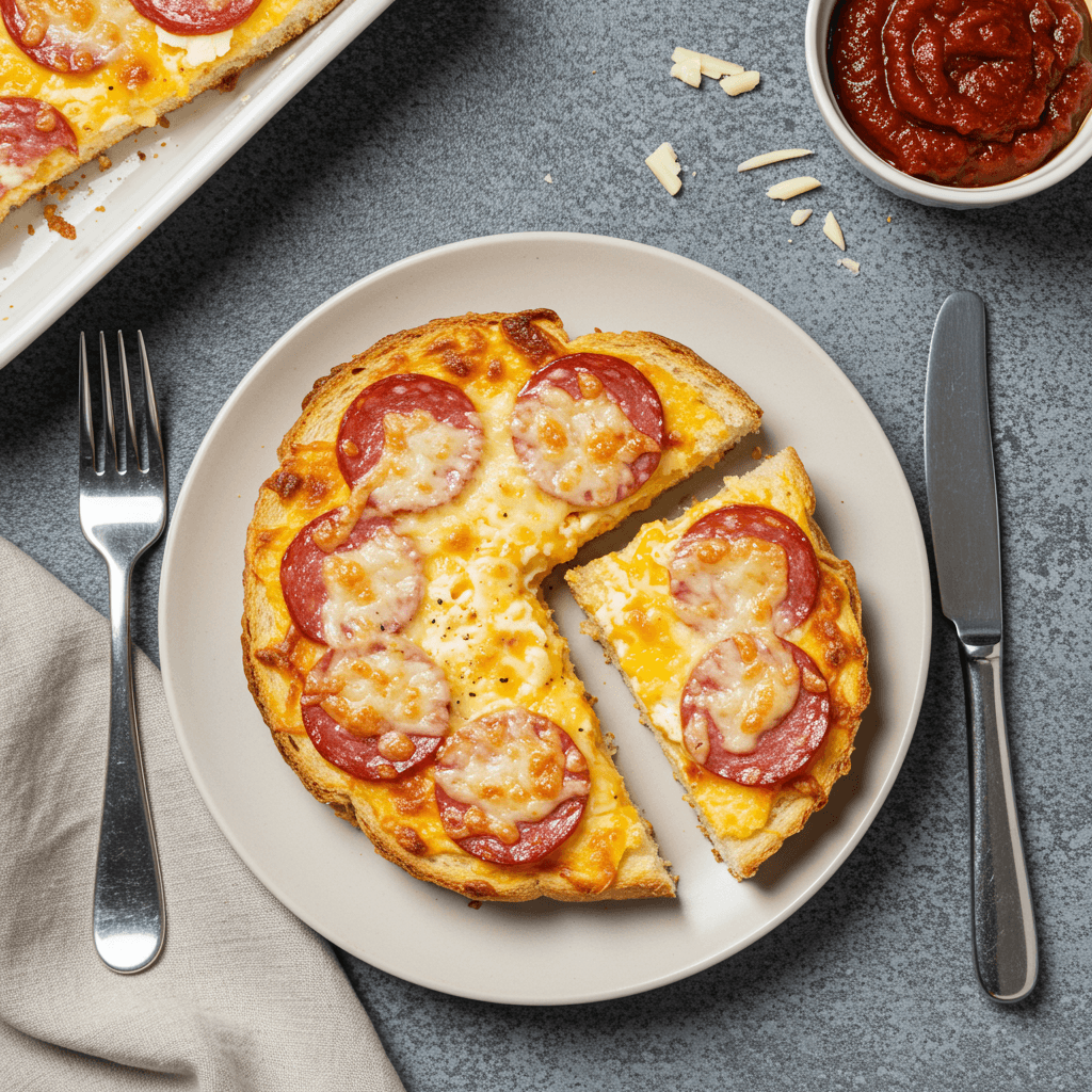 Cheesy Salami Egg Toast Bake