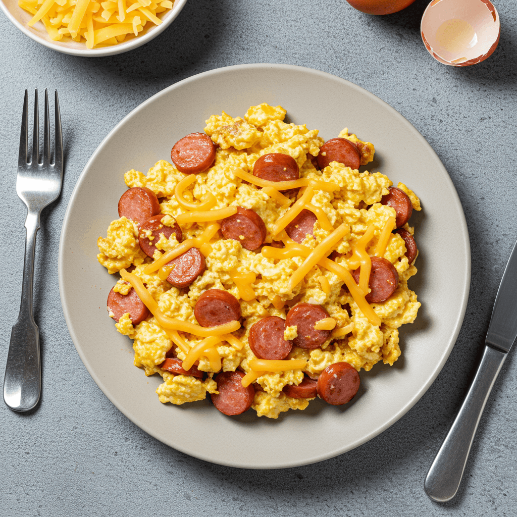 Cheesy Sausage Egg Dinner Scramble