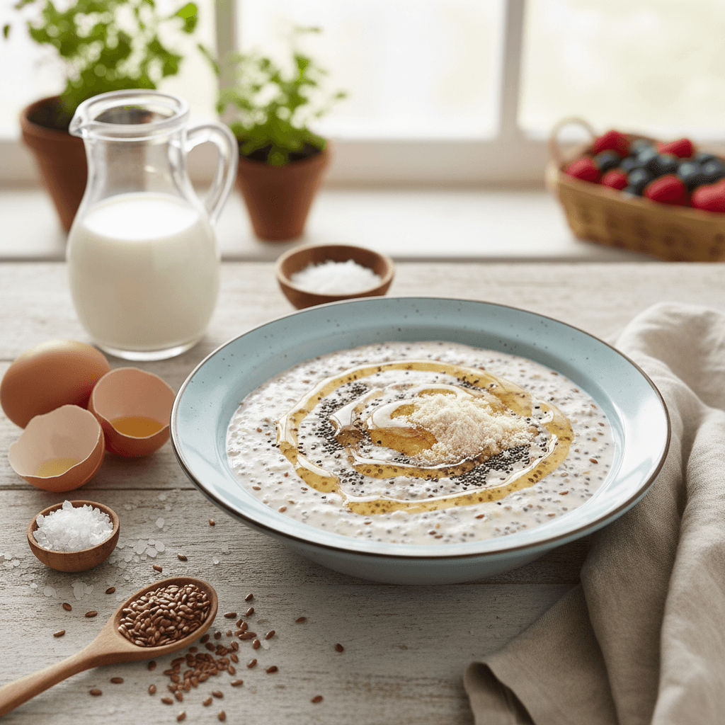 Dvi stiklinės maistingo chia ir linų sėmenų pudingo su uogomis ir mėtų lapeliais ant šviesaus medinio stalo.