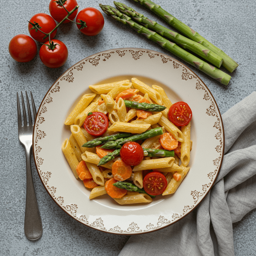 Creamy pasta dish with asparagus, carrots, and tomatoes