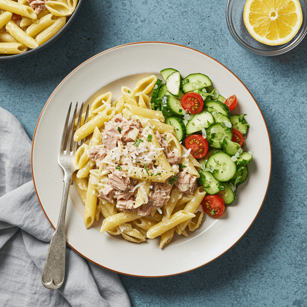 Creamy tuna pasta with lemon cucumber salad