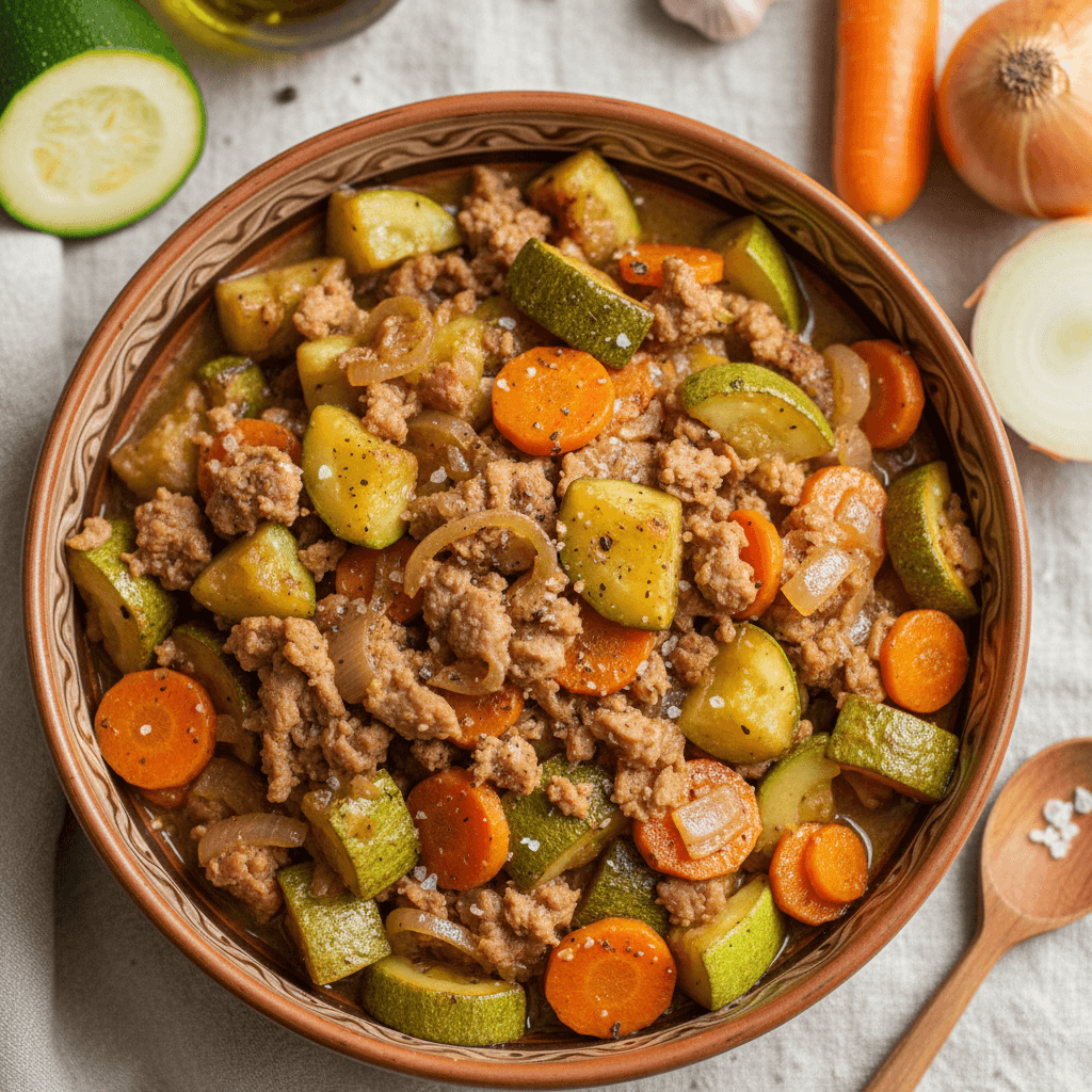 Sotus cukinijų ir mėsos konservų troškinys patiekiamas lėkštėje su žalumynais.