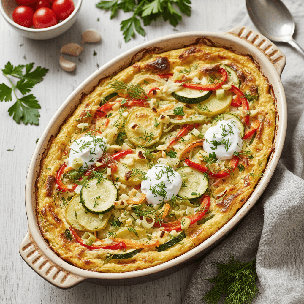 Skanus ir sotus daržovių apkepas su varške ir grietine, paruduojusiu viršumi, garnyruotas šviežiomis žolelėmis.