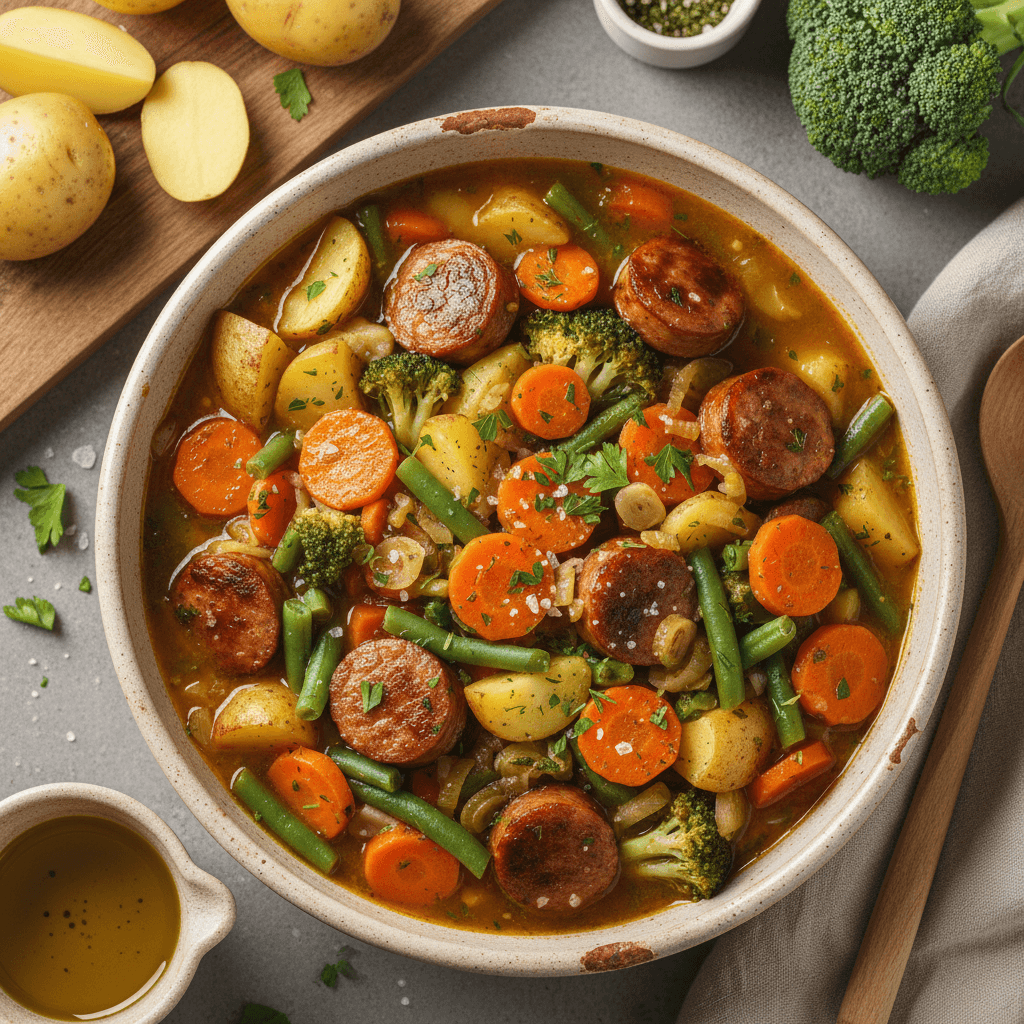 Šiltas, sotus daržovių ir dešrelių troškinys dideliame puode, paruoštas patiekti.