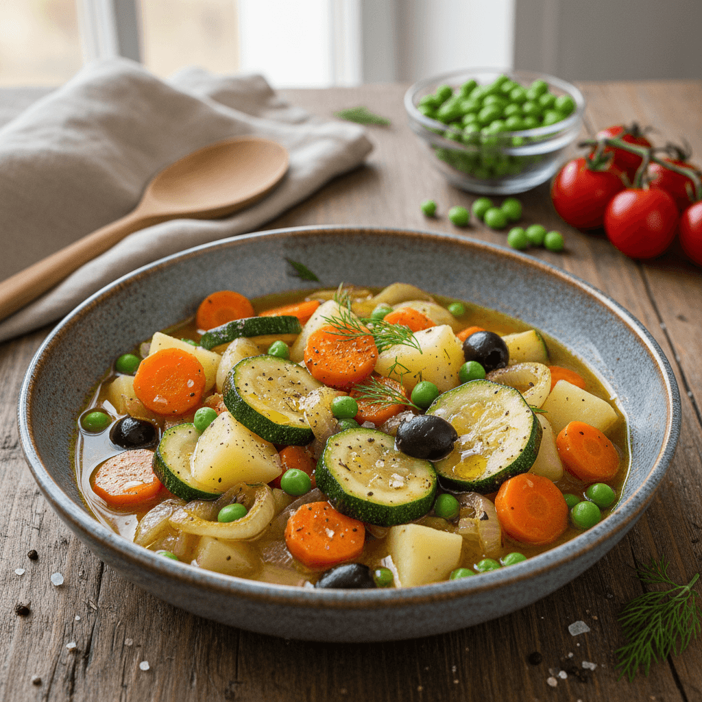 Lėkštėje patiektas garuojantis daržovių troškinys su morkomis, bulvėmis, cukinija, alyvuogėmis ir žirneliais.