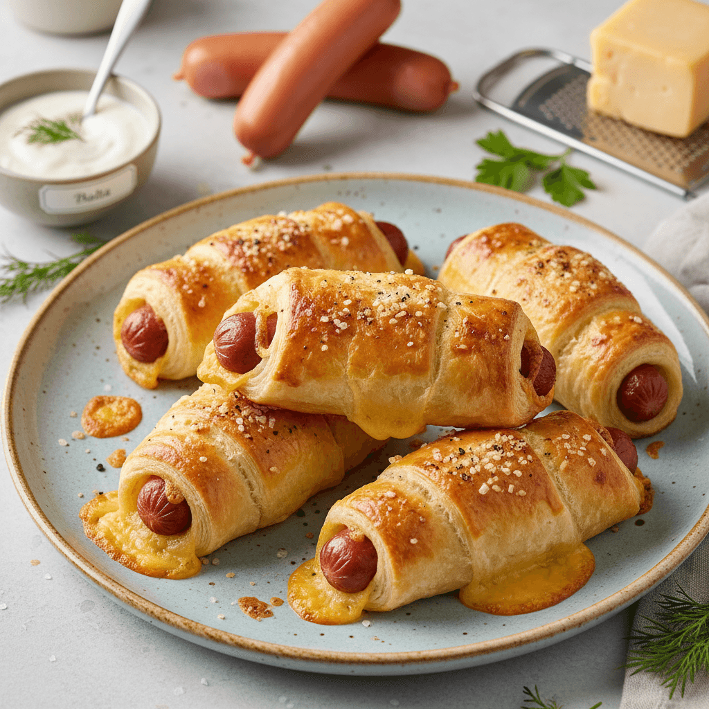 Auksinės spalvos, traškūs dešrainiai tešloje su išlydytu sūriu, patiekiami ant medinio padėklo.