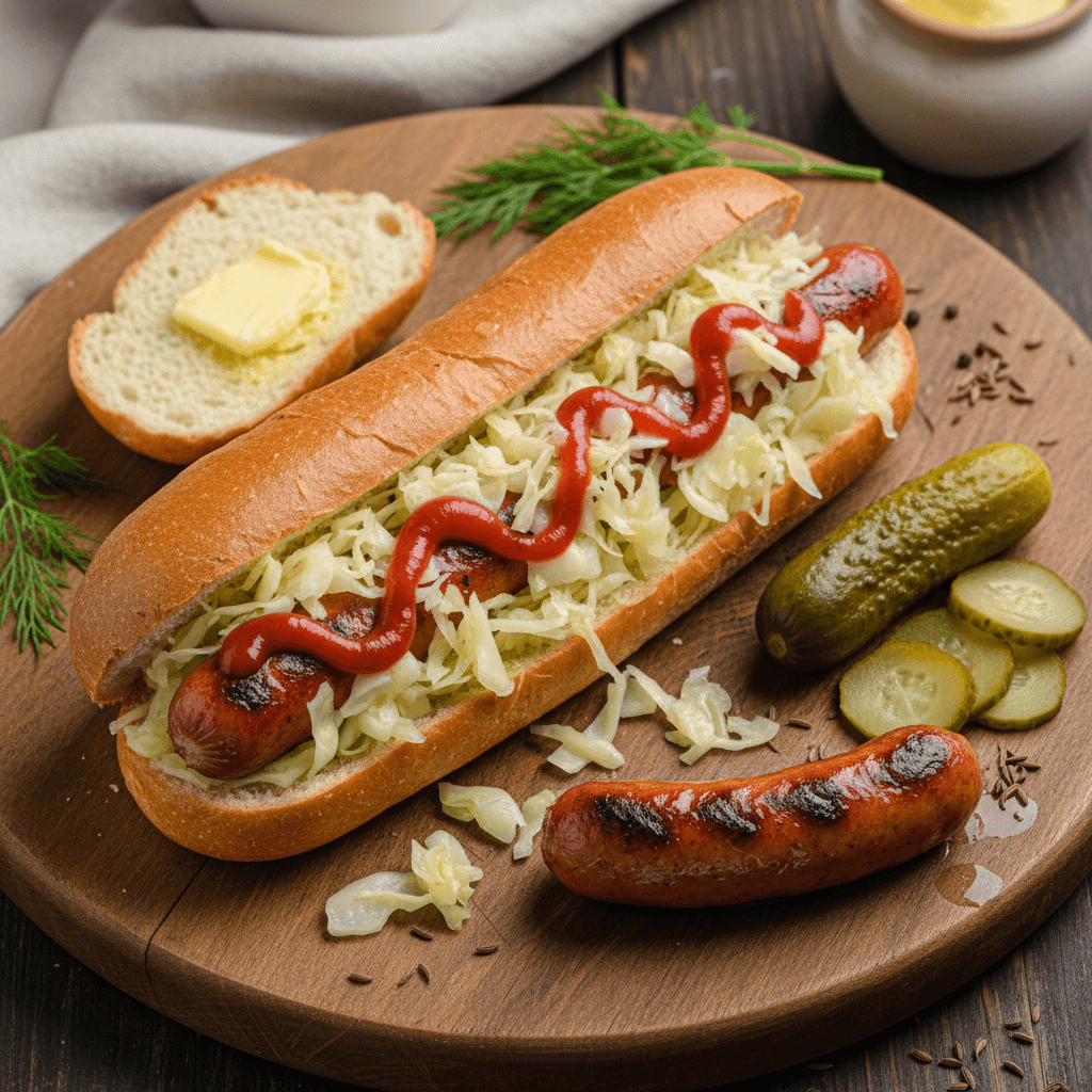 Greitas dešrainis su virtomis dešrelėmis, raugintais kopūstais ir kečupu, patiektas su marinuoto agurko griežinėliais.