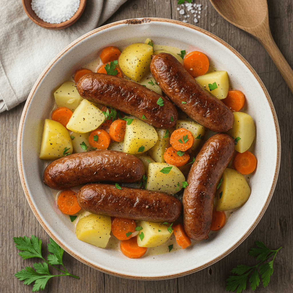 Dešrelių, bulvių ir morkų troškinys piene, patiekiamas lėkštėje.