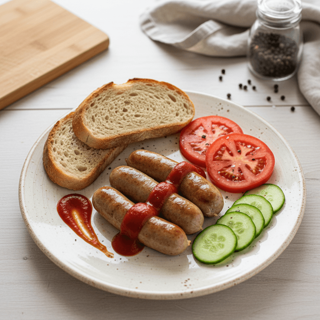 Lėkštė su keptomis dešrelėmis, paskrudinta duona, šviežiais pomidorais ir agurkais, aplieta pomidorų padažu.