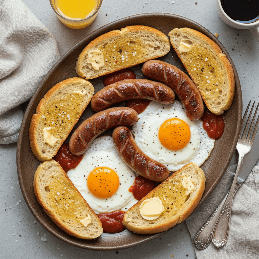 Lėkštė su keptomis dešrelėmis, kiaušiniais, paskrudintu batonu ir pomidorų padažu.