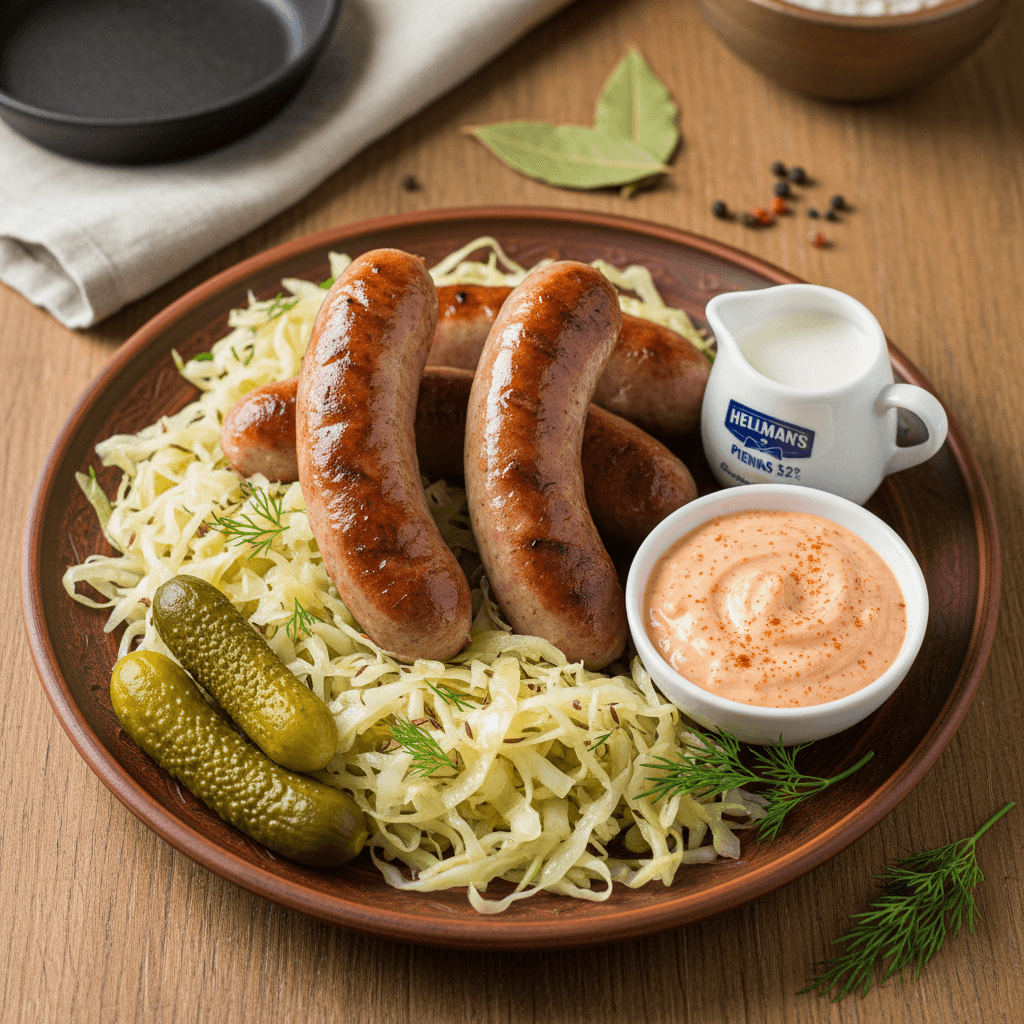 Dešrelės patiektos su raugintais kopūstais, marinuotais agurkais ir kreminiu krienų padažu.