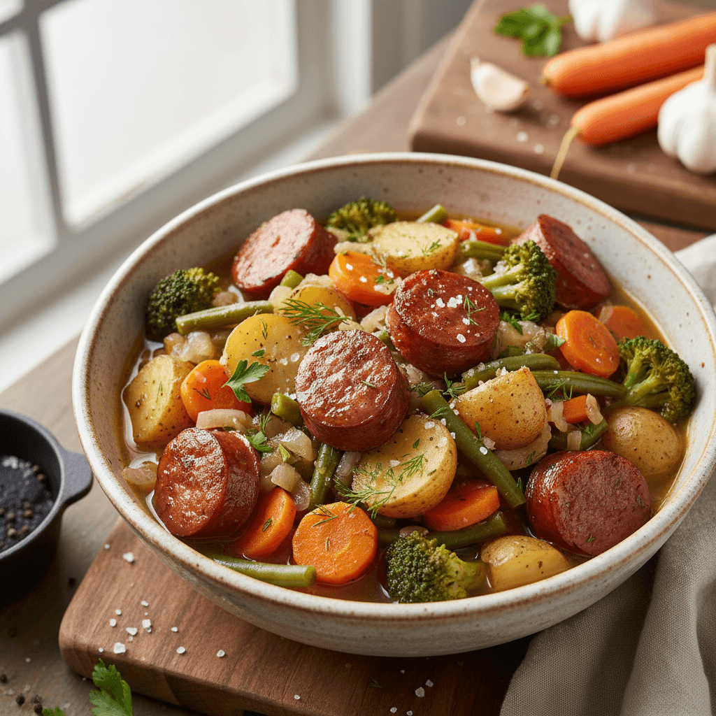 Sotus dešrelių ir daržovių troškinys viename puode, su ryškiomis brokolio ir morkos spalvomis, patiektas dubenėlyje.