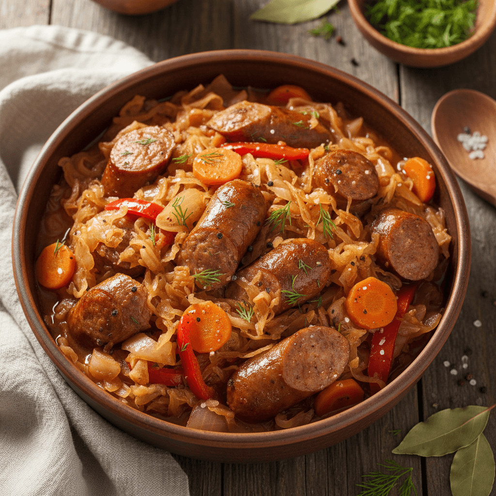 Sotus dešrelių ir raugintų kopūstų troškinys lėkštėje, puoštas žalumynais.