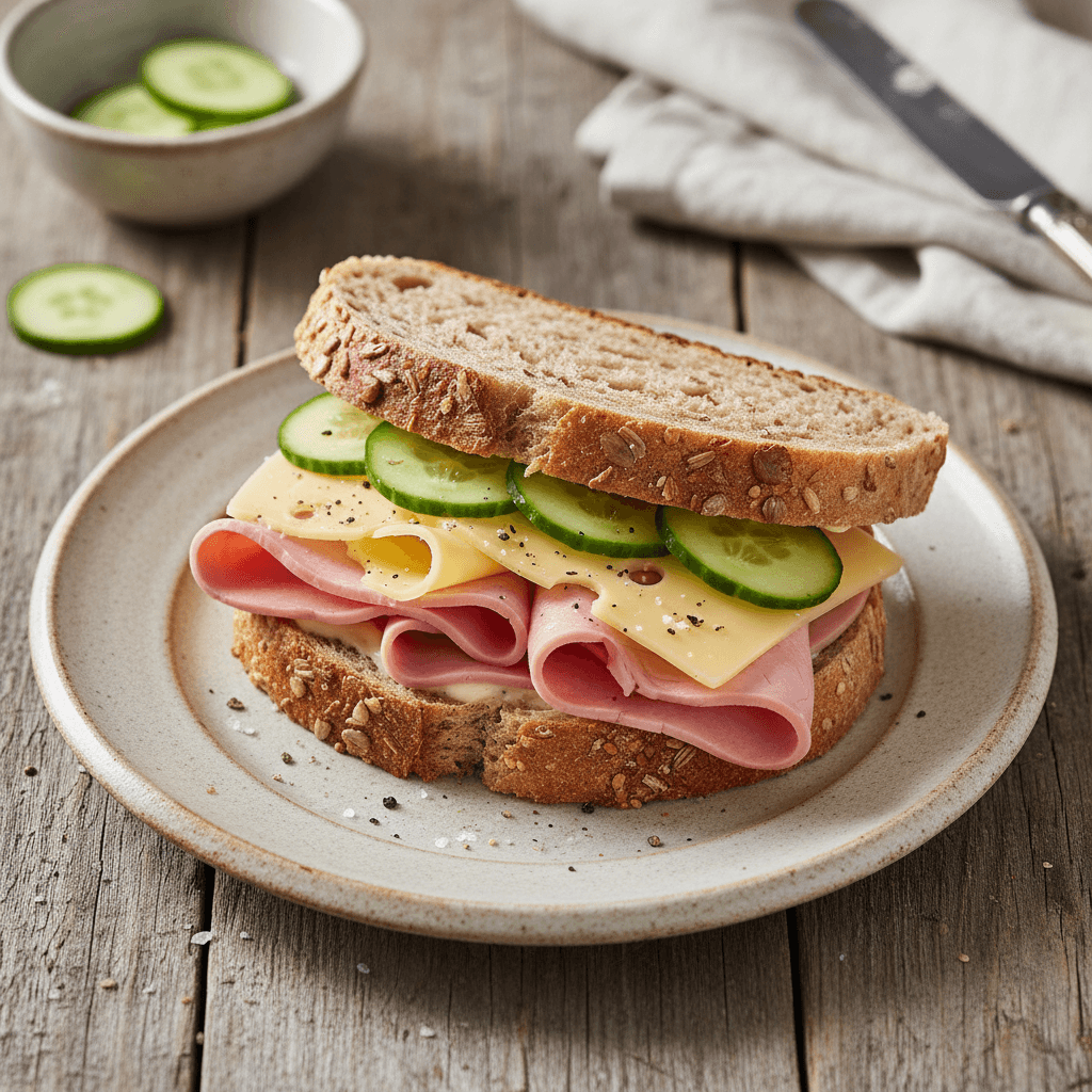 Dešros ir sūrio sumuštinis su agurku, patiektas ant pjaustymo lentelės.