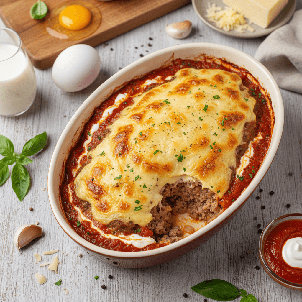 Faršo apkepas su pomidorų padažu ir apkeptos sūrio plutele, patiektas kepimo formoje.