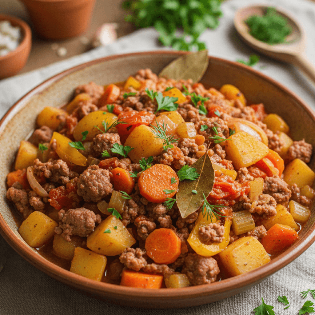 Sotus faršo ir įvairių daržovių troškinys, patiekiamas lėkštėje su žalumynais.