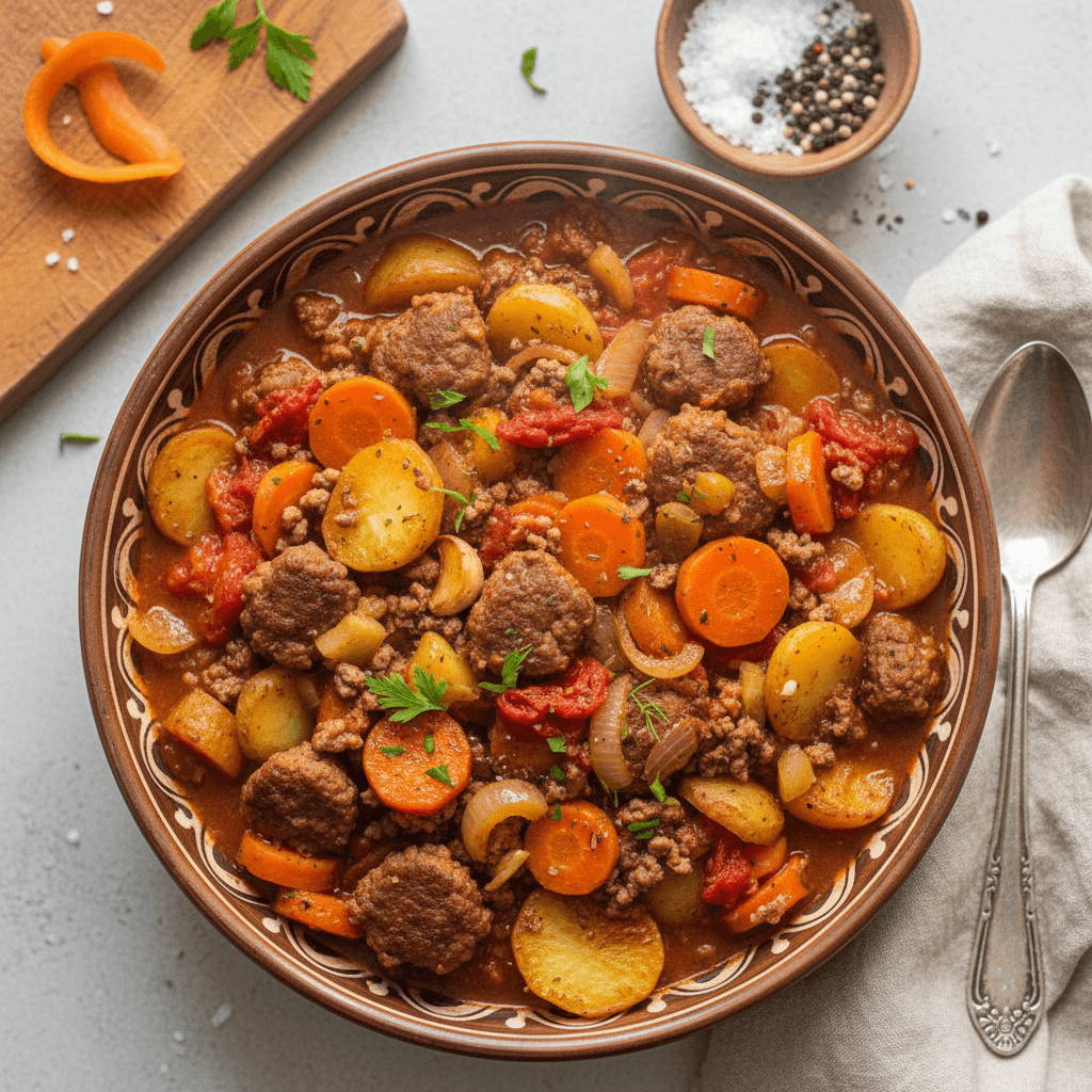 Farsuotas daržovių troškinys su bulvėmis, morkomis ir salieru, patiekiamas gilioje lėkštėje su šviežiomis žolelėmis.