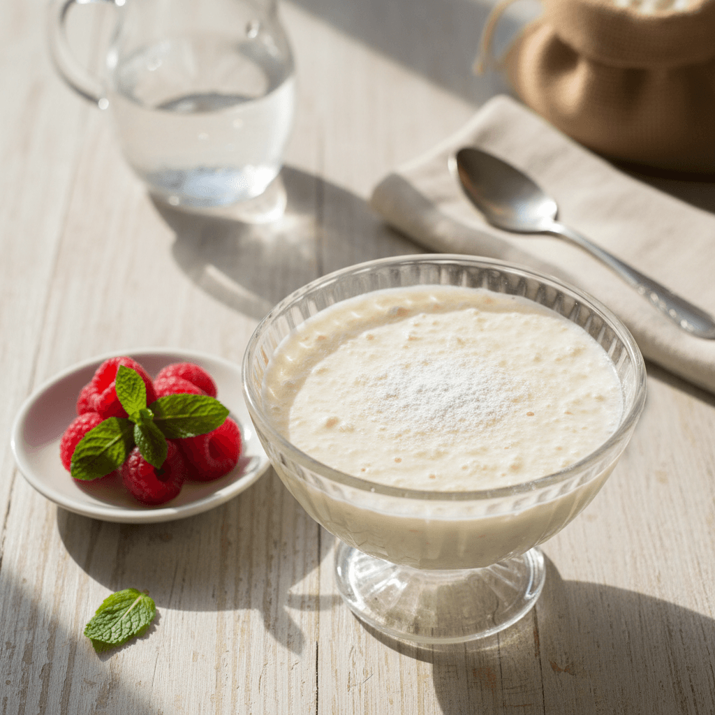 Gaivus varškės želė desertas, patiektas permatomuose indeliuose su uogomis.