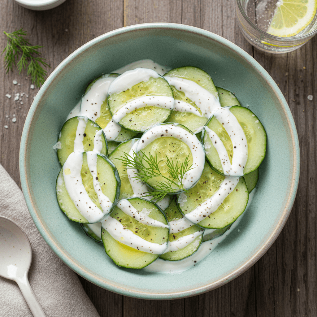 Gaivios agurkų salotos su kreminiu padažu, pabarstytos krapais.