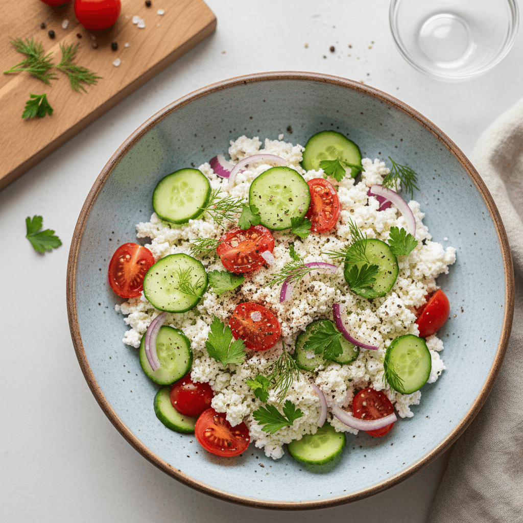 Dubuo gaivių grūdėtos varškės salotų su vyšniniais pomidorais, agurkais ir žalumynais.