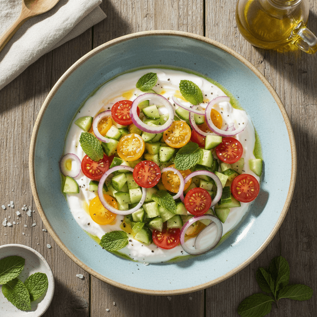 Gaivios salotos su agurkais, pomidorais, svogūnais ir mėtų-jogurto padažu, patiektos baltame dubenyje.