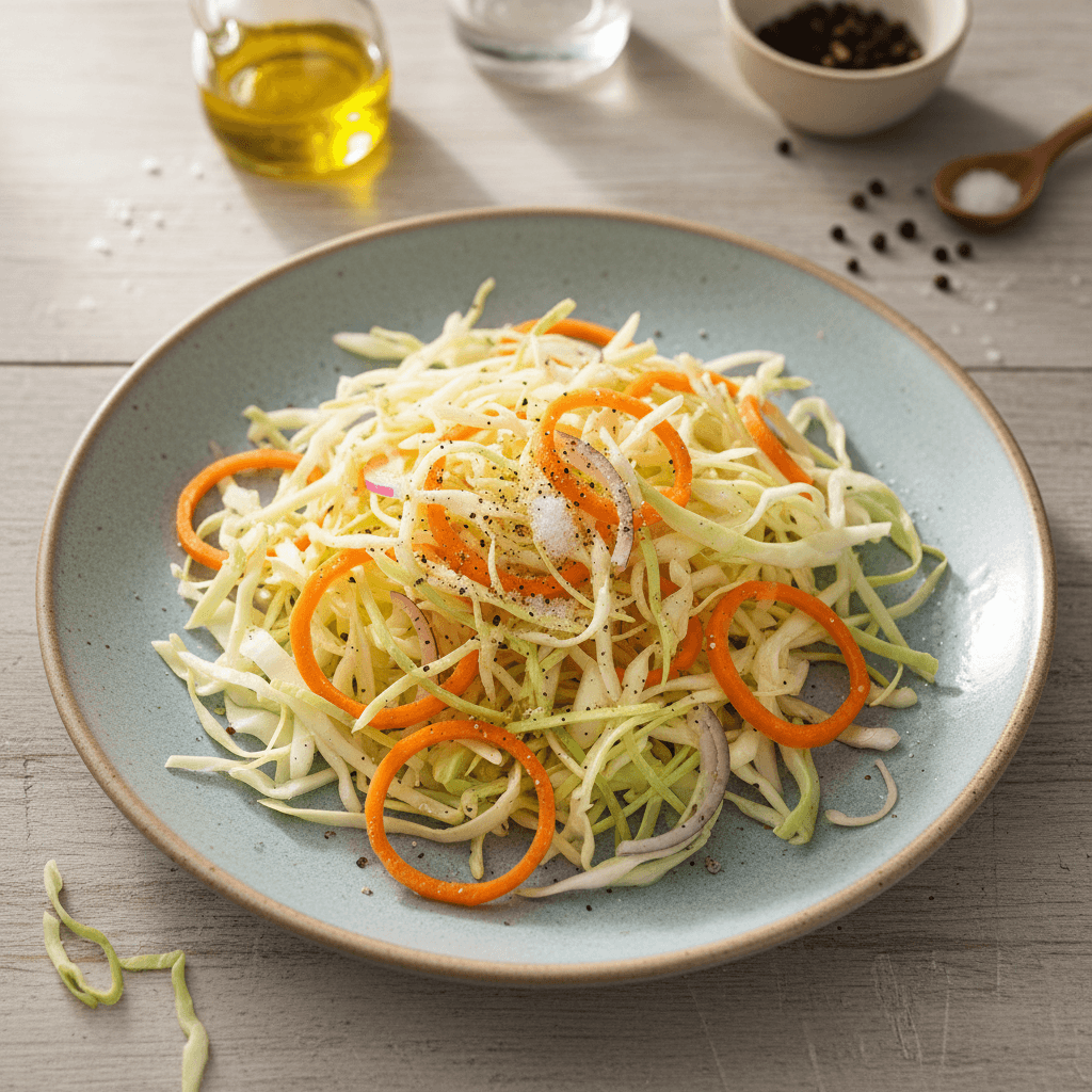 Gaivios, traškios kopūstų ir morkų salotos su aliejaus ir acto padažu, patiektos stikliniame dubenyje.