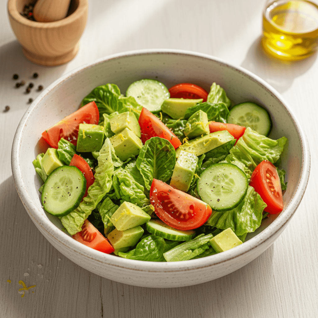 Dideliame dubenyje patiektos spalvingos salotos su supjaustytais avokado gabalėliais, pomidorais, agurkais ir žaliomis salotų lapais, apšlakstytos padažu.