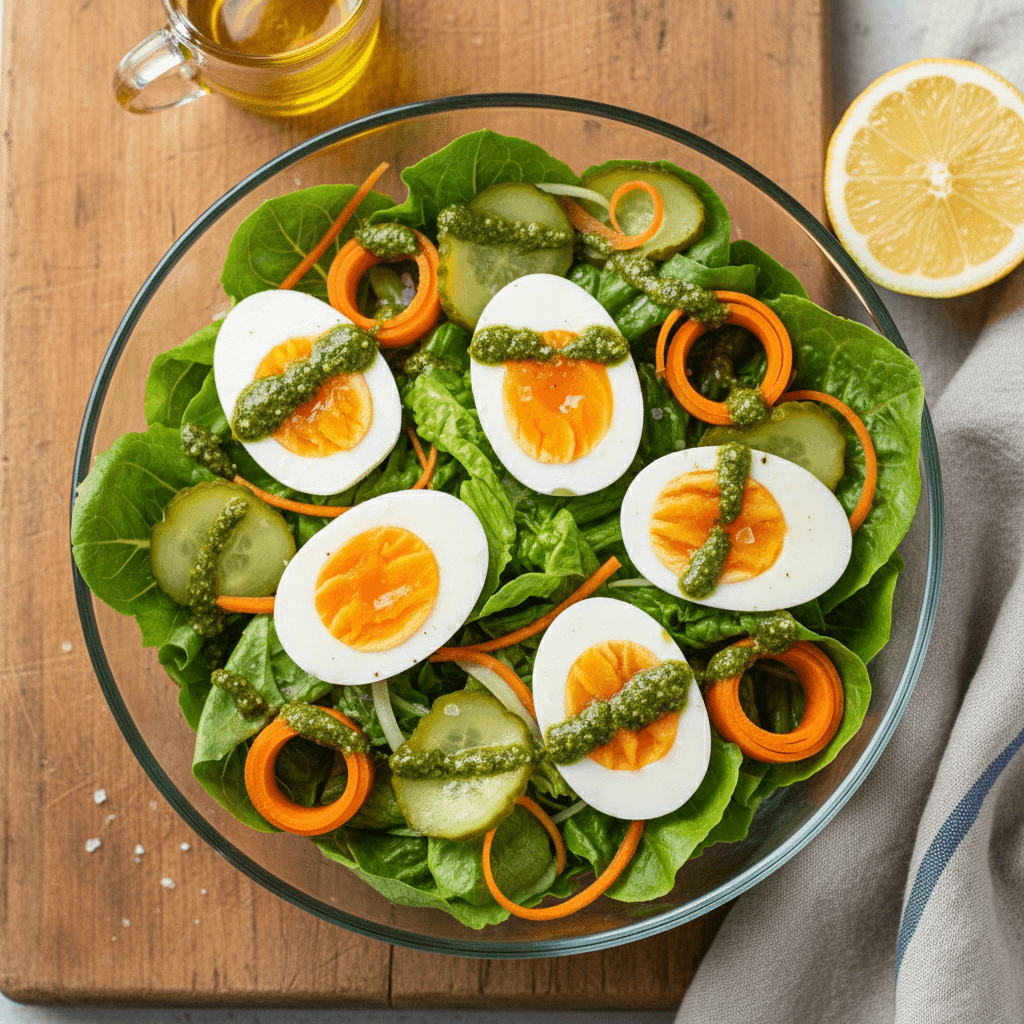 Gaivios salotos su virtais kiaušiniais, tarkuotomis morkomis, raugintais agurkais ir pesto padažu.