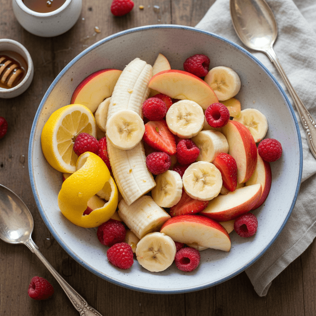Spalvingos vaisių salotos su obuoliais, bananais ir raudonosiomis uogomis, pašlakstytos citrinos ir banano padažu.