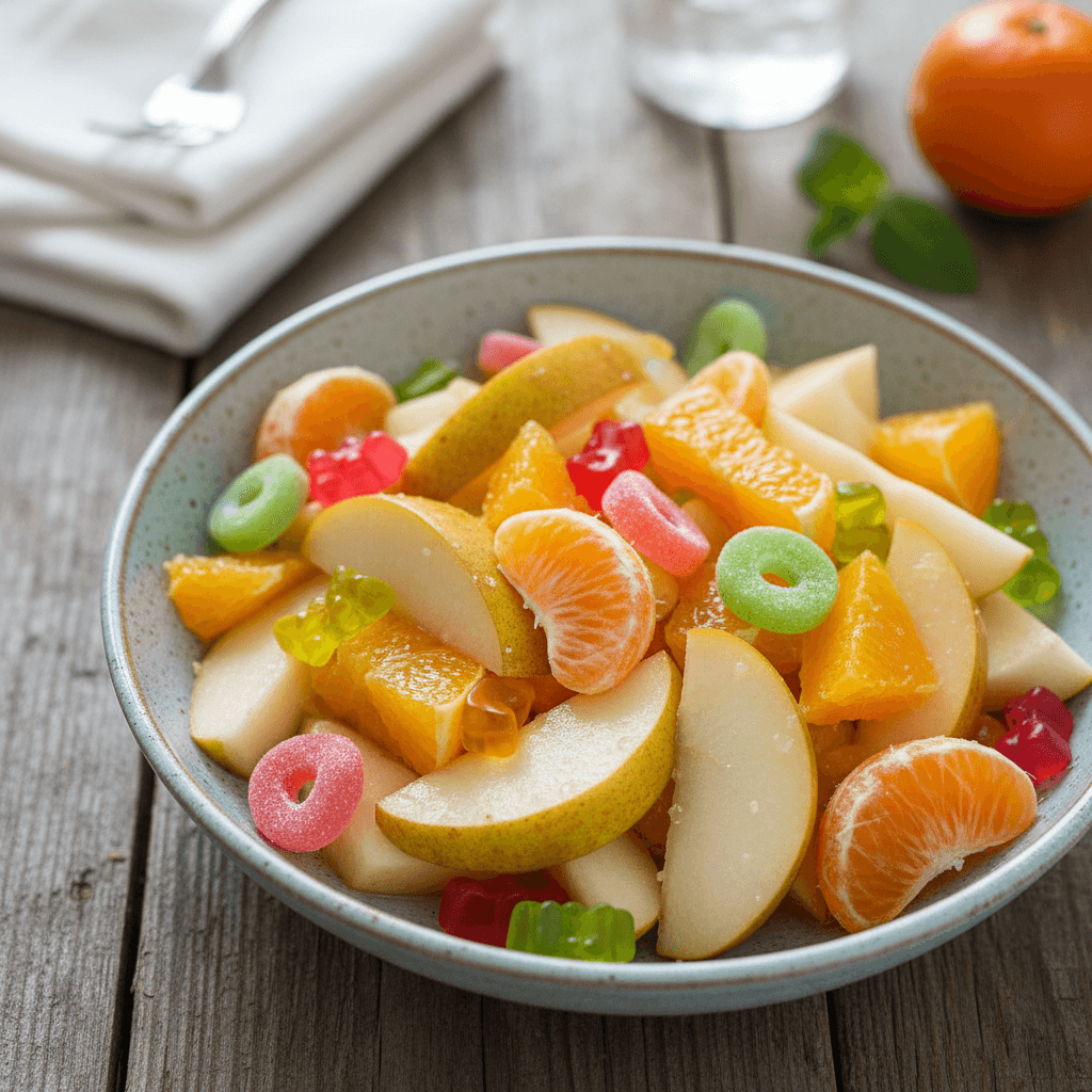 Spalvingos vaisių salotos su apelsinais, kriaušėmis, mandarinais ir įvairiaspalviais guminukais stikliniame dubenyje.