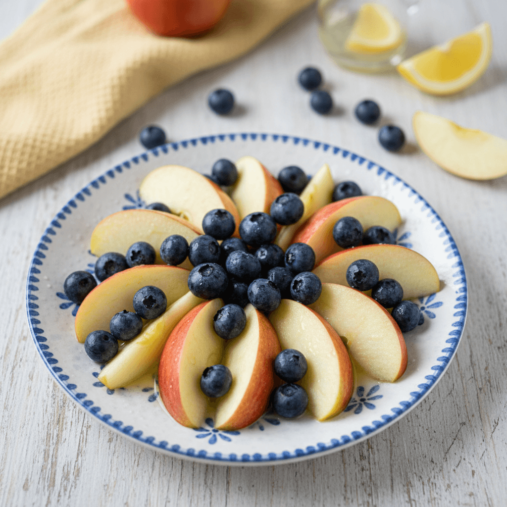 Dubenyje supjaustyti obuoliai ir šviežios šilauogės, paruoštos kaip gaivus užkandis.